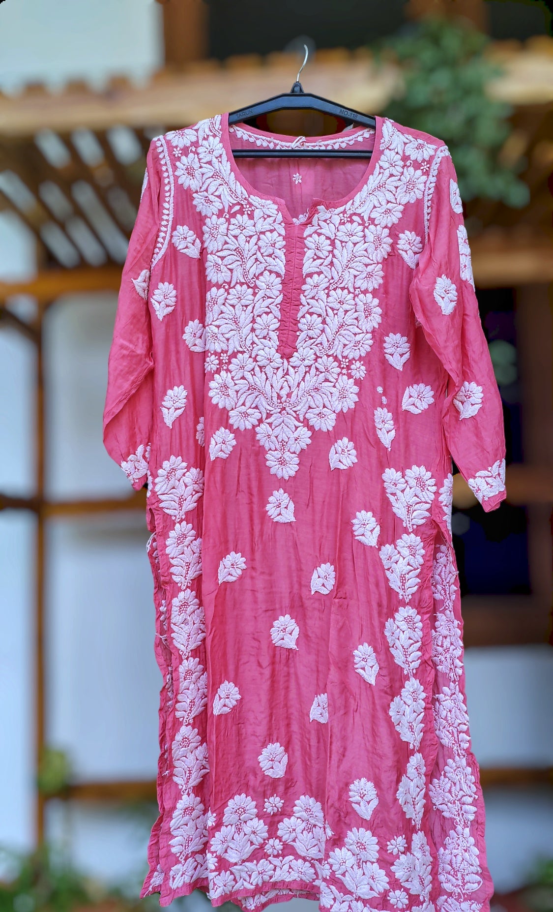 Farah Hot Pink Premium Silk Luxurious Look Chikankari Long Kurta (Unique Back Embroidery)