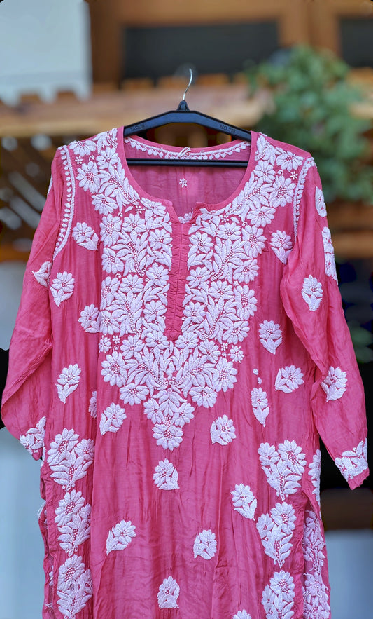 Farah Hot Pink Premium Silk Luxurious Look Chikankari Long Kurta (Unique Back Embroidery)