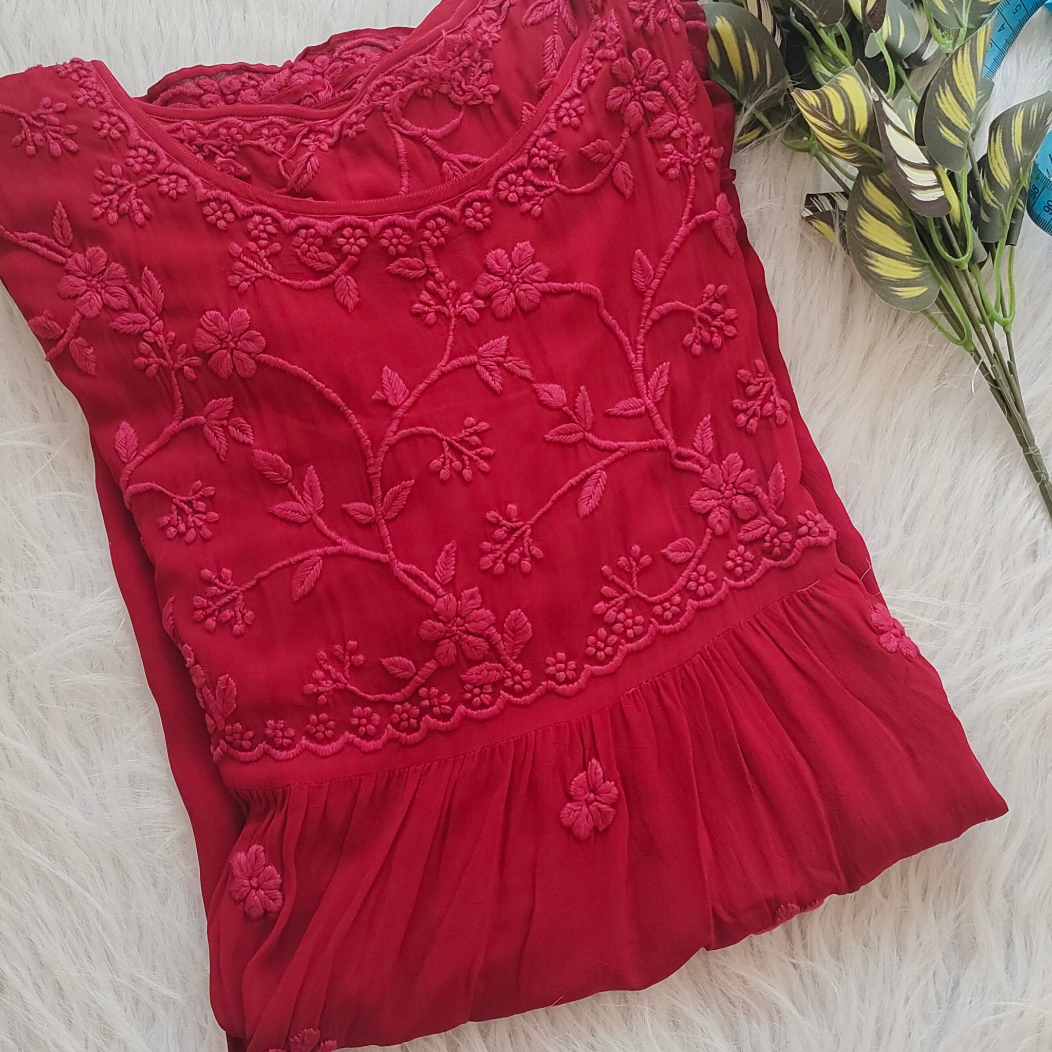 Tulip Premium Georgette Red Short Tunic Both Side Chikankari Embroidery