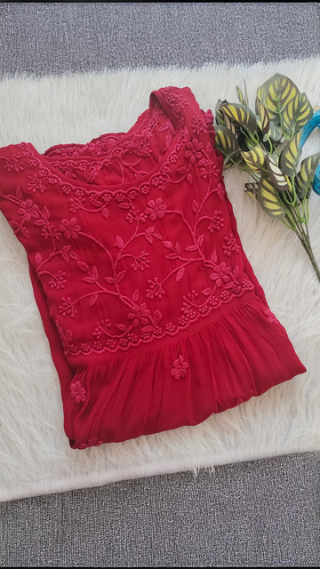 Tulip Premium Georgette Red Short Tunic Both Side Chikankari Embroidery