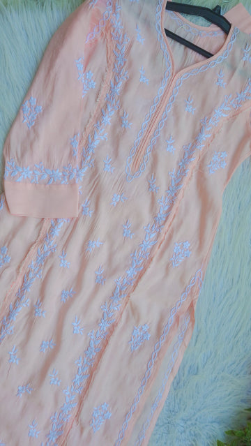 Pinkish peach Keel Kangan Cotton Pure Handcrafted Chikankari Long Kurti