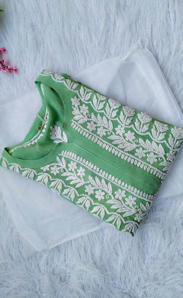 Middle Green Premium Georgette Chikankari Long Kurta