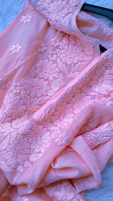 Baby Pink Premium Silk Chikankari Long Kurti