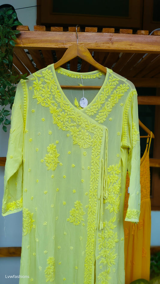 Beauty Yellow Premium Georgette Chikankari Luxurious Look Angrakha