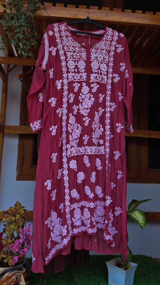 Wine Chocolate Premium Silk Pure Handmade Chikankari Tunic