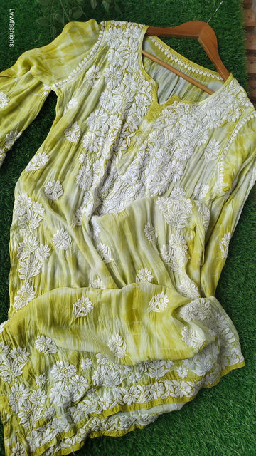 Greenish Tye & Dye Premium Silk Luxurious Look Chikankari Long Kurta