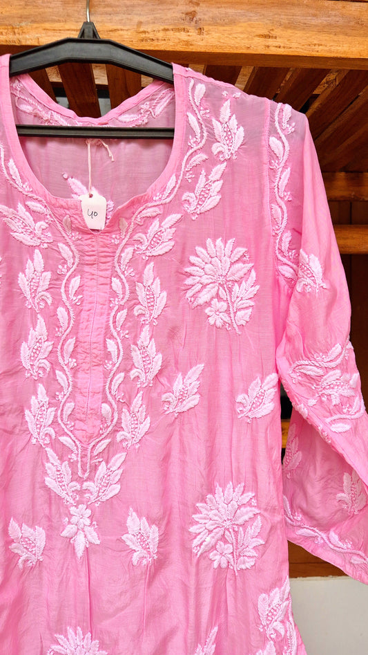 Pinkish Premium Silk Chikankari Long Kurti