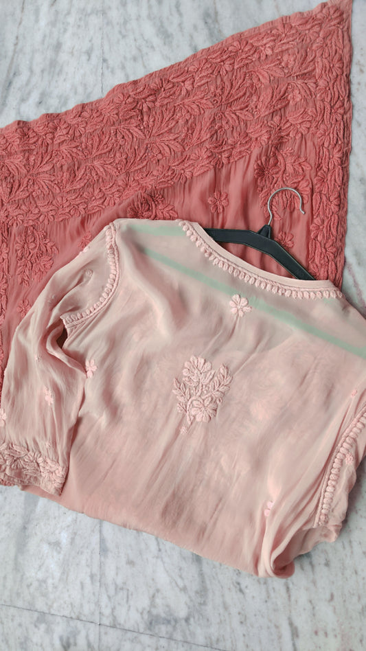 Shafaq Peach Ombre Premium Silk Chikankari Long Kurti