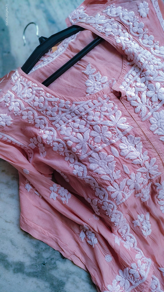 Glossy Peach Premium silk Chikankari tunic Dress