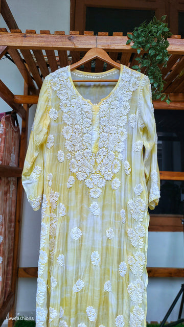 Soft yellow Premium Silk Luxurious Chikankari Kurta Tye dye Special