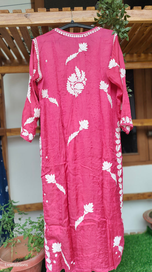 Beautifully Designed On Silk Pink Long Chikankari Kurta