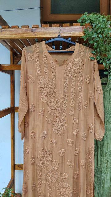 5 Roses Powder Brown Premium Georgette Luxurious Look Chikankari Long Kurti