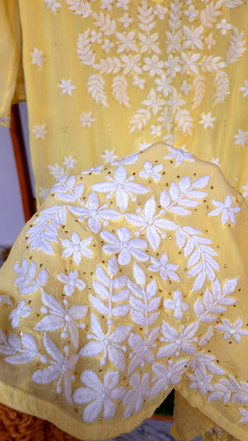 Sunshine Yellow Premium Silk Chikankari Long Kurti with Mukaish