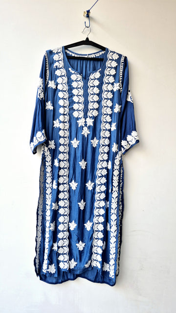 Cerulean Blue Premium Silk Chikankari Long Kurta