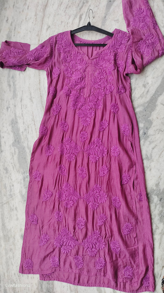 Magenta Haze Premium Silk Chikankari Long Kurta