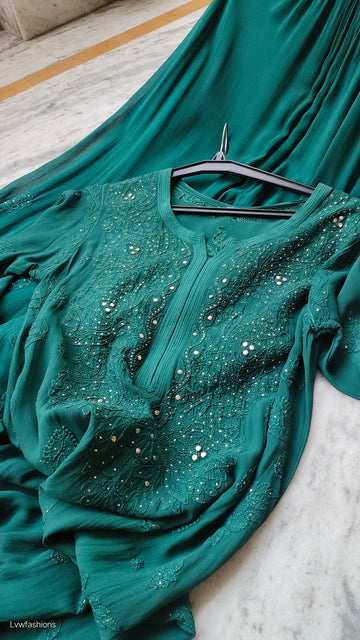 Bottle Green Premium Georgette Chikankari Sharara Set