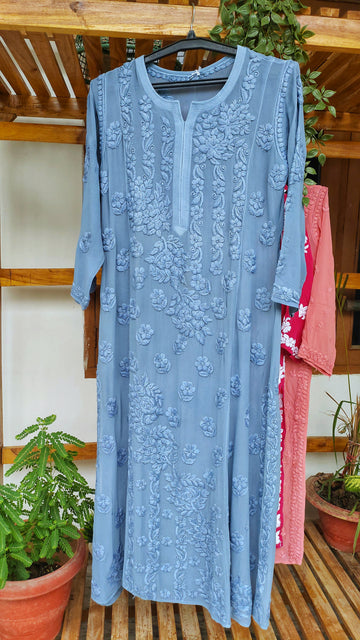 Premium Georgette  5 Roses Chikankari Long Kurti