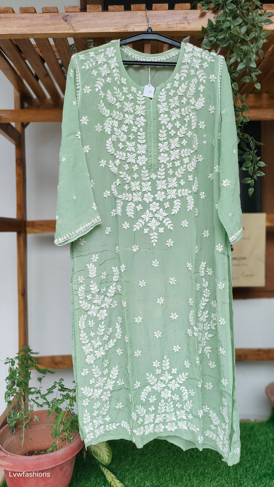 Zeba Pista Green Premium Silk Luxurious Look Chikankari Long Kurti