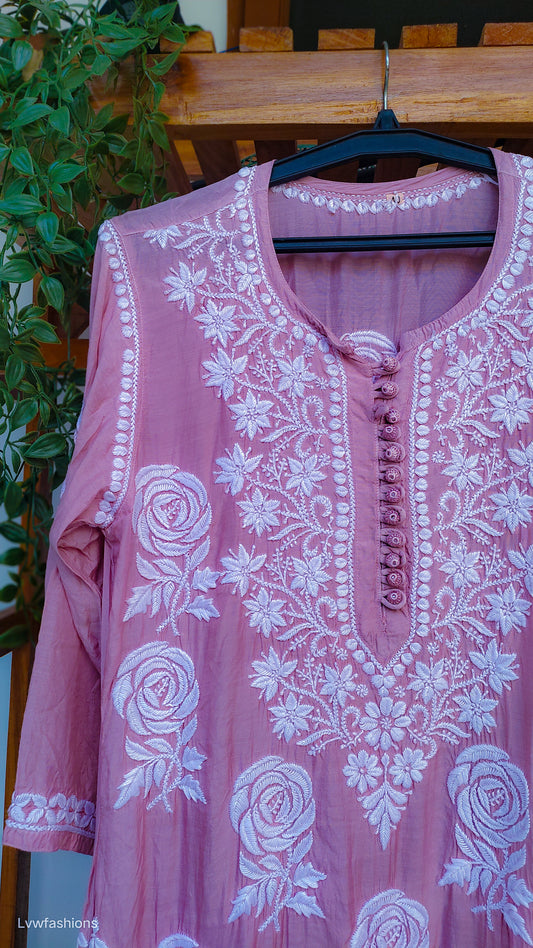 Rose & Leaf Premium Silk Chikankari Long Kurta Pure Handmade