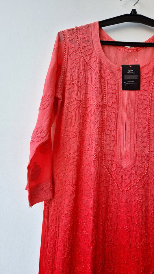 Sunset orange Premium Georgette Chikankari Long Kurti