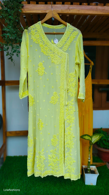 Beauty Yellow Premium Georgette Chikankari Luxurious Look Angrakha