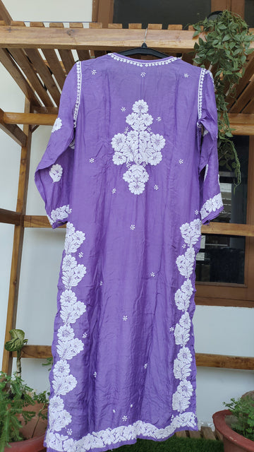 Farah Deep purple Premium Silk Luxurious Look Chikankari Long Kurta (Unique Back Embroidery)