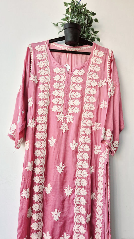 Light Thulian pink Premium Silk Chikankari Kurti