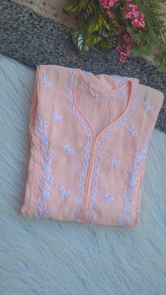 Pinkish peach Keel Kangan Cotton Pure Handcrafted Chikankari Long Kurti