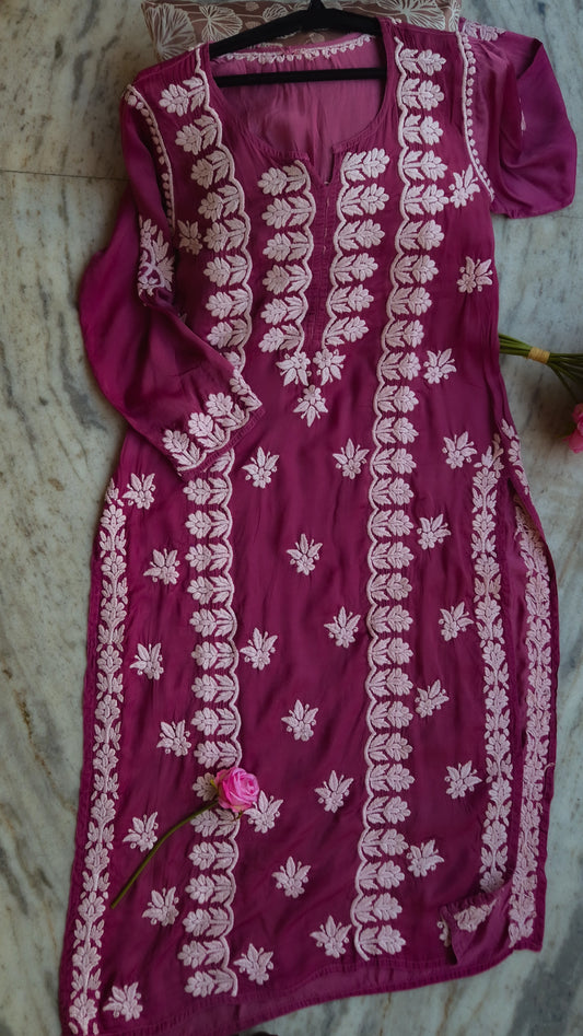 Tyrian Premium Silk Chikankari Long Kurti Pure Handmade Embroidery