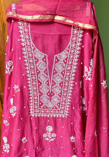 Peach ,Hot Pink, Yellow Premium Mul Chanderi Premium Suit