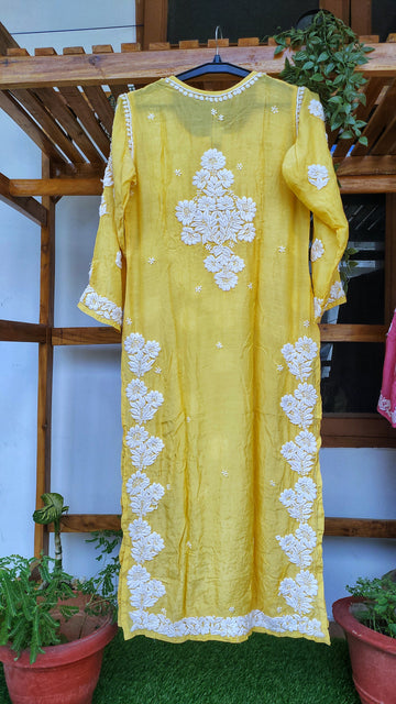 Farah Yellow Premium Silk Luxurious Look Chikankari Long Kurti (Unique Back Embroidery)