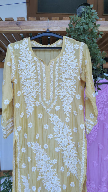 Feriha Flower Yellow Premium Silk Luxurious Look Chikankari Kurta