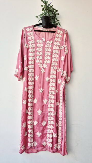 Light Thulian pink Premium Silk Chikankari Kurti