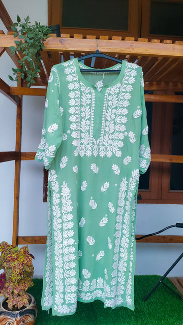 Polished Pine Premium Georgette Chikankari Long Kurti