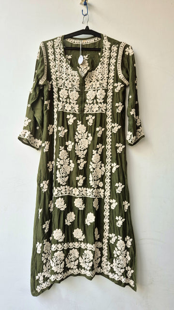 Bottle Green Premium Silk Chikankari Tunic Dress