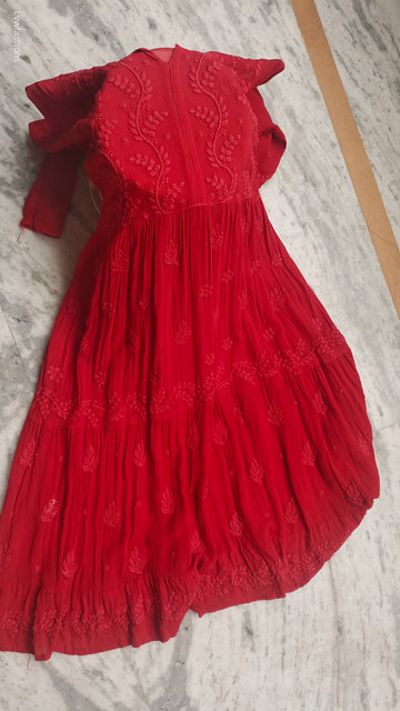 Red Premium Georgette Chikankari Gown