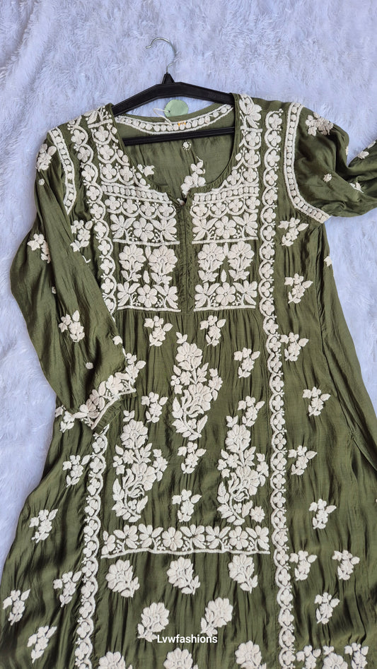 Bottle Green Premium Silk Chikankari Tunic