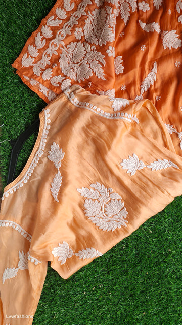 Orange Ombre Premium Silk Luxurious Chikankari Kurta