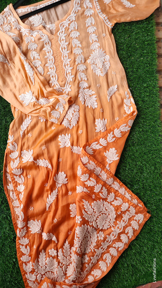 Orange Ombre Premium Silk Luxurious Chikankari Kurta