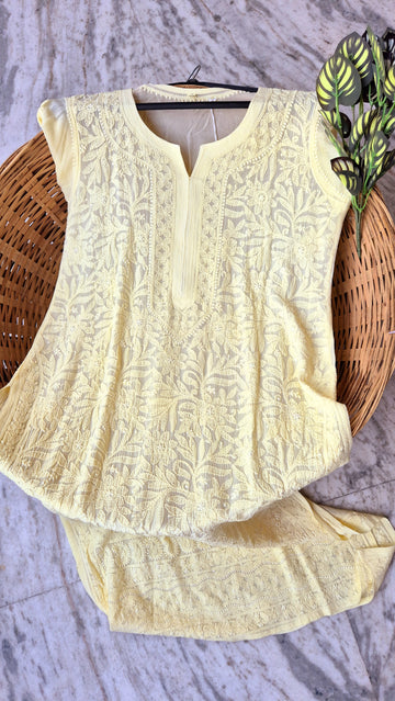 Pearl Yellow Premium Georgette Chikankari Long Kurti