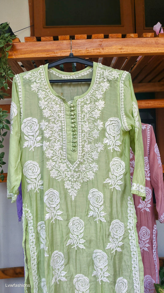 Rose Pista Green Premium Silk Chikankari Long Kurta