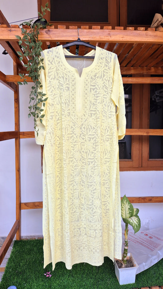 Pearl Yellow Premium Georgette Chikankari Long Kurti