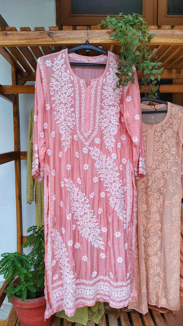 Feriha Brightish Peach Premium Silk Chikankari Long Kurta