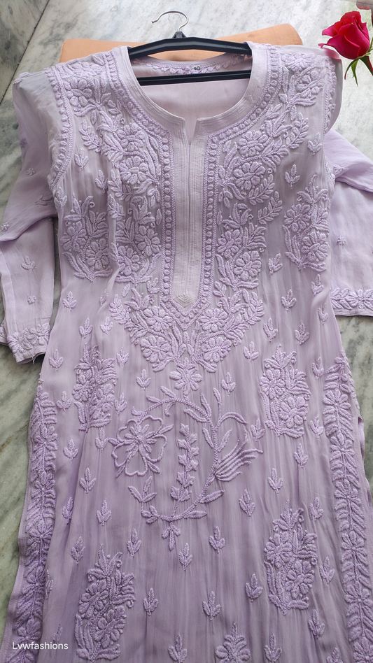 Lavender Ombre Premium Georgette Chikankari Kurta Floral embroidery