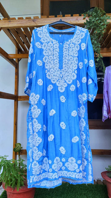 Farah Blue Premium Silk Luxurious Look Chikankari Long Kurta (Unique Back Embroidery)