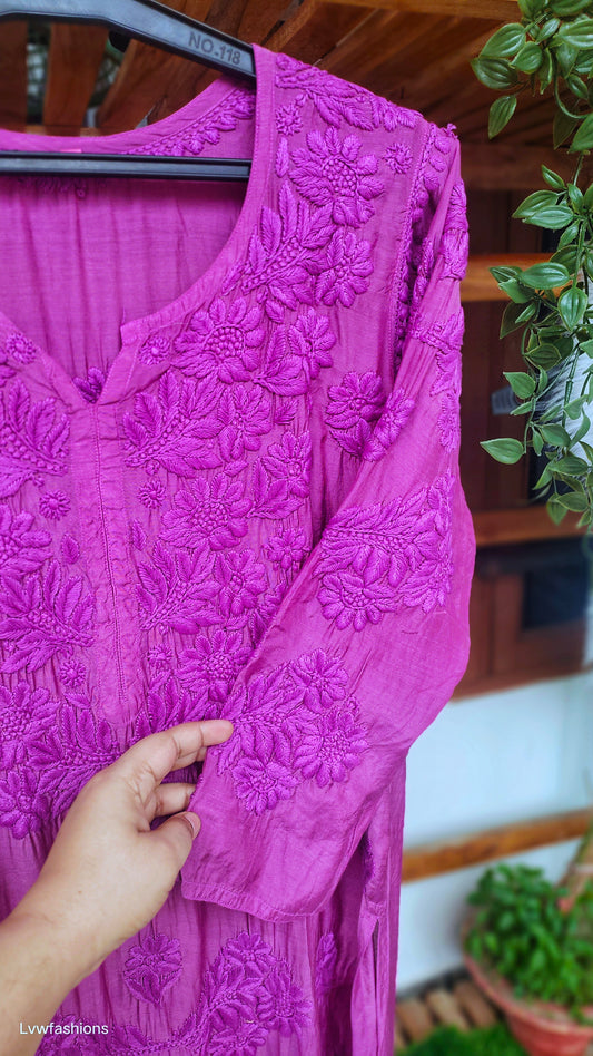 Hania Cerise Premium Silk Chikankari Luxurious Kurta (Hand Specially)