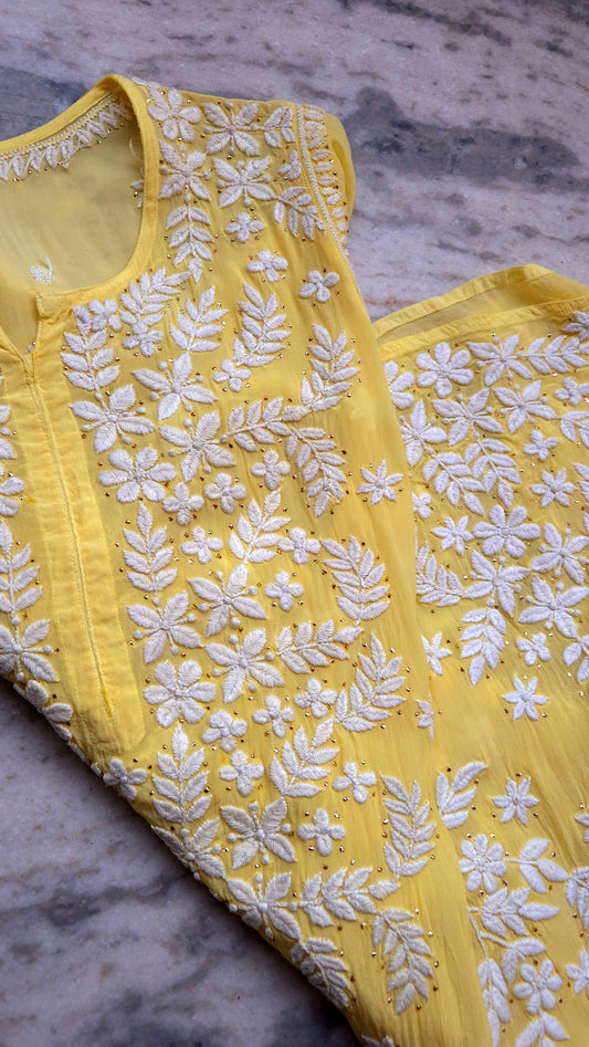 Sunshine Yellow Premium Silk Chikankari Long Kurti with Mukaish