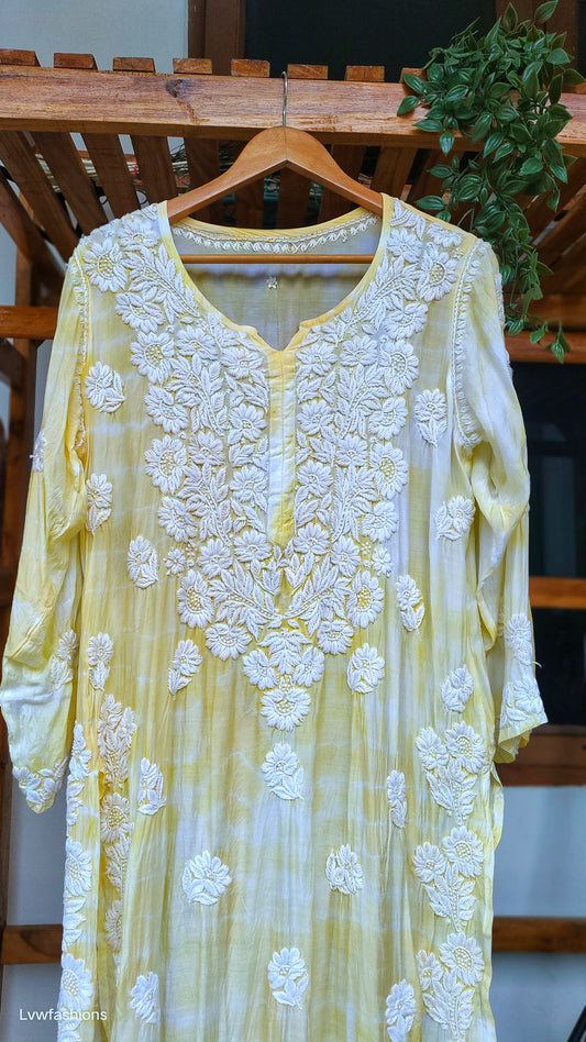 Soft yellow Premium Silk Luxurious Chikankari Kurta Tye dye Special