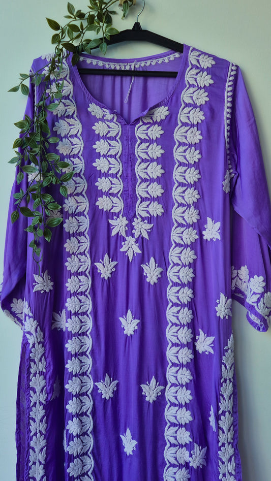 Plum Purple Premium Silk Pure Handmade Chikankari Long Kurti