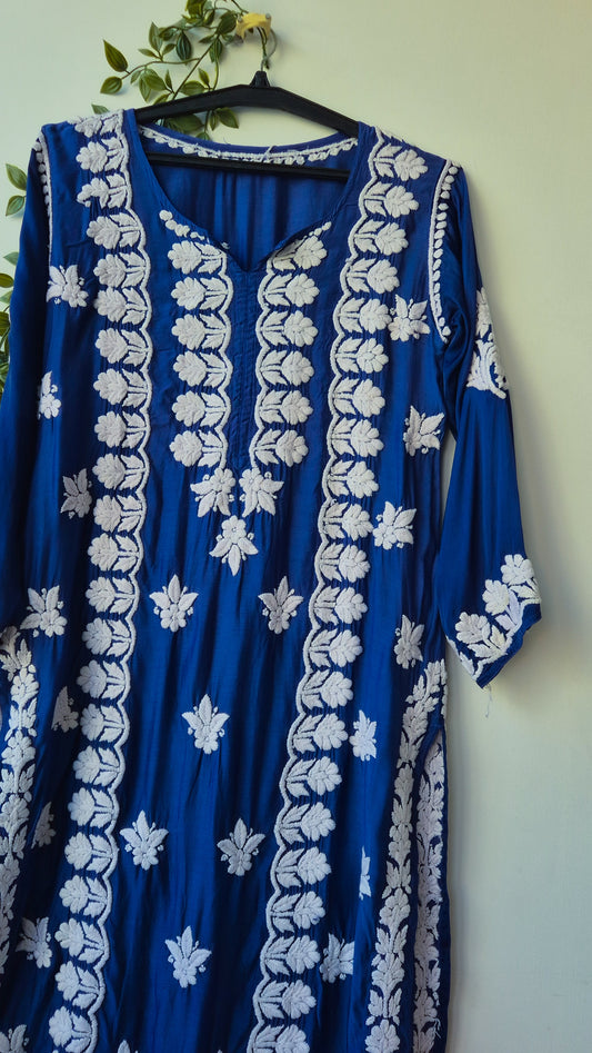 Royal Blue Premium Silk Pure Handmade Chikankari Long kurta